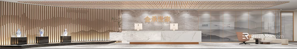Elegant Reception Desk With Marble Wall Wooden Slat Ceiling Computers And Green Plant 3d model 