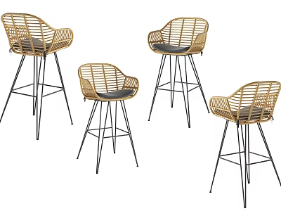 Four Rattan Wicker Bar Stools With Metal Frames And Gray Cushions 3d model