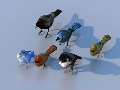 Group of Different Colored Small Birds Standing Together In Natural Postures 3d model
