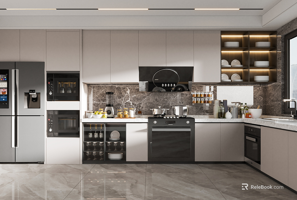 Modern Kitchen Interior Design With Cabinets Marble Countertops Open Shelves And Appliances 3d model 