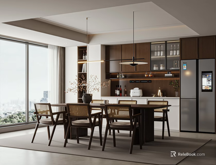 Modern Restaurant Interior with Dining Table Chairs Cabinets Large Windows and City View 3d model