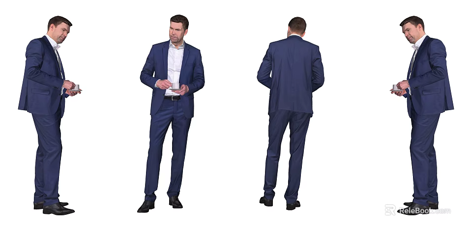 Stylish Man In Navy Blue Suit Holding Cup With Front And Back Views 3d model 