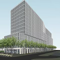 Modern Building With Glass Curtain Wall Metal Frames Landscaped Areas And Pedestrians Walking