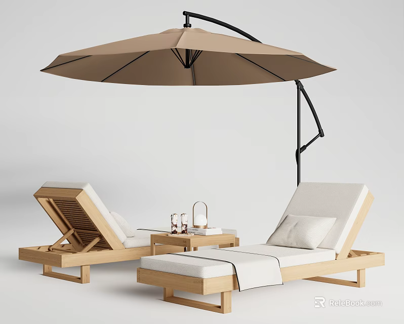 Wooden Lounge Chairs with Beige Cushions Curved Umbrella Side Table and Drinks for Outdoor Relaxation 3d model 
