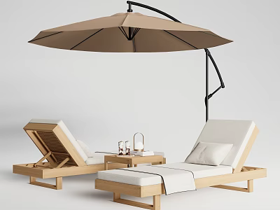Wooden Lounge Chairs with Beige Cushions Curved Umbrella Side Table and Drinks for Outdoor Relaxation 3d model