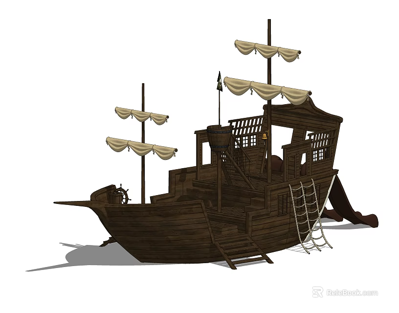 Wooden Sailing Ship With Multiple Masts White Sails Ladder And Cabin Structure Vintage Design 3d model 