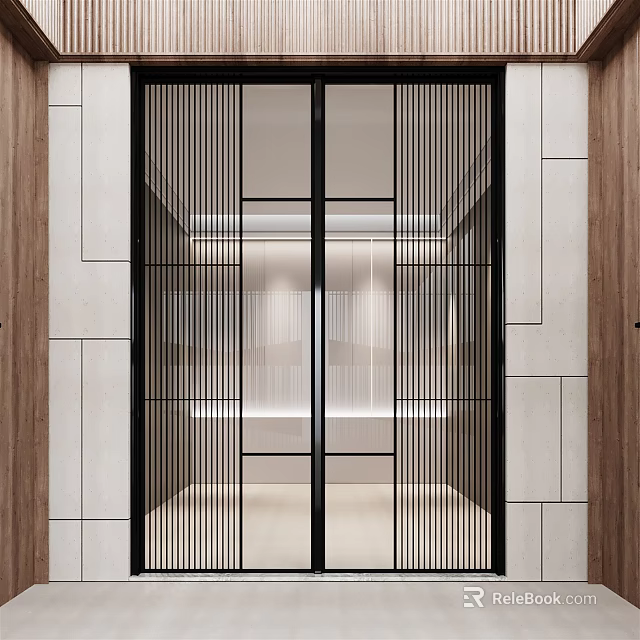 Modern Black Frame Sliding Door With Light Colored Walls And Wooden Elements 3d model