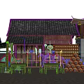Chinese Traditional Hinged Door in Ancient Market With Tile Roof Wooden Tables And Wine Barrels