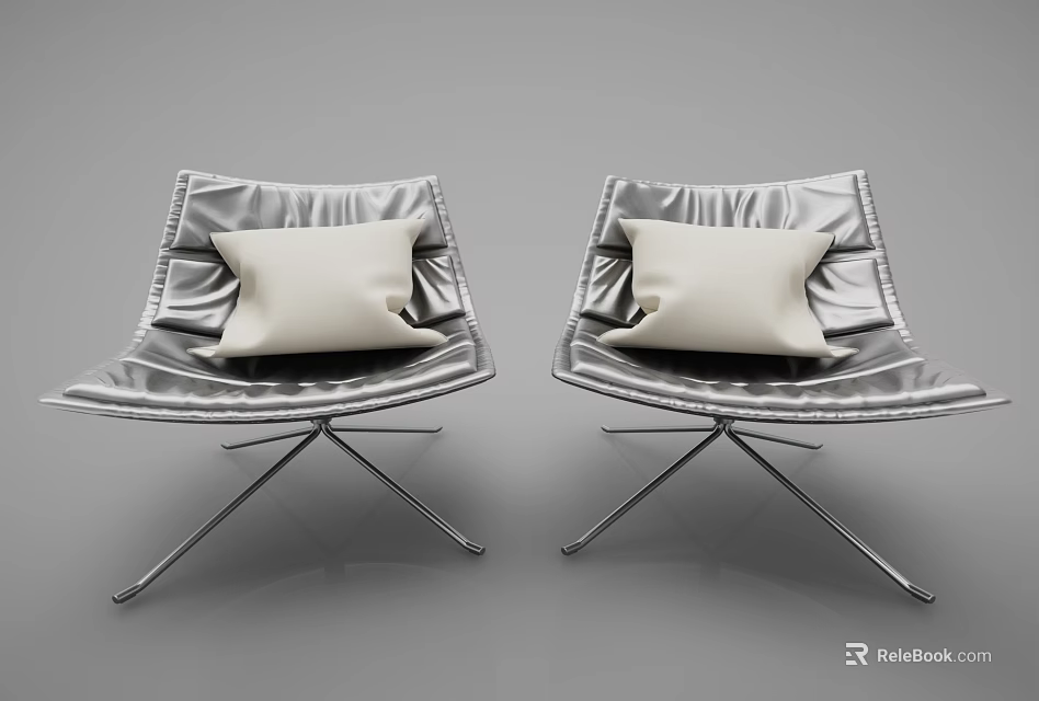 Two Modern Accent Chairs With Pleated Backrests Metallic Frame And Light Beige Cushions 3d model 