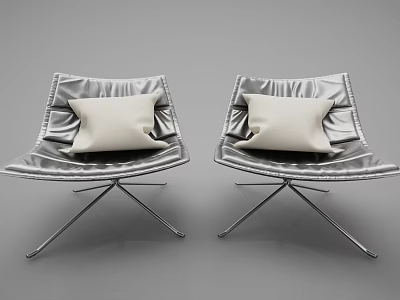 Two Modern Accent Chairs With Pleated Backrests Metallic Frame And Light Beige Cushions 3d model