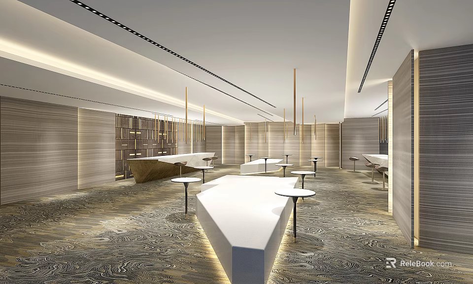 Modern Hotel Lobby Interior With Reception Desk Hanging Chandeliers And Patterned Carpet 3d model 