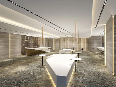 Modern Hotel Lobby Interior With Reception Desk Hanging Chandeliers And Patterned Carpet 3d model