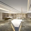 Modern Hotel Lobby Interior With Reception Desk Hanging Chandeliers And Patterned Carpet