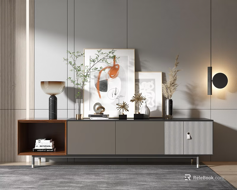 Modern TV Stand With Wooden Cabinet Gray Panel And Decorative Plants Artworks Wall Lamp 3d model 