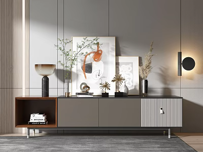 Modern TV Stand With Wooden Cabinet Gray Panel And Decorative Plants Artworks Wall Lamp 3d model
