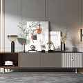 Modern TV Stand With Wooden Cabinet Gray Panel And Decorative Plants Artworks Wall Lamp