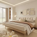 Modern Minimalist Bedroom Interior With Cozy Bed Wall Art Soft Rug And Storage Cabinets
