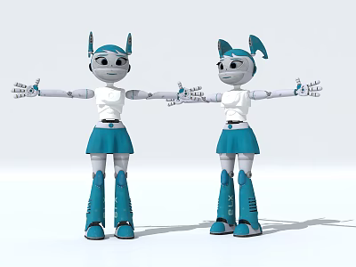 Two Smart Machines With Blue Ears White Tops Blue Skirts And Stretched Arms 3d model