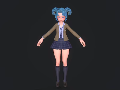 Game And Movie Character With Blue Pigtails Brown Blazer Tie Plaid Skirt Knee High Socks 3d model