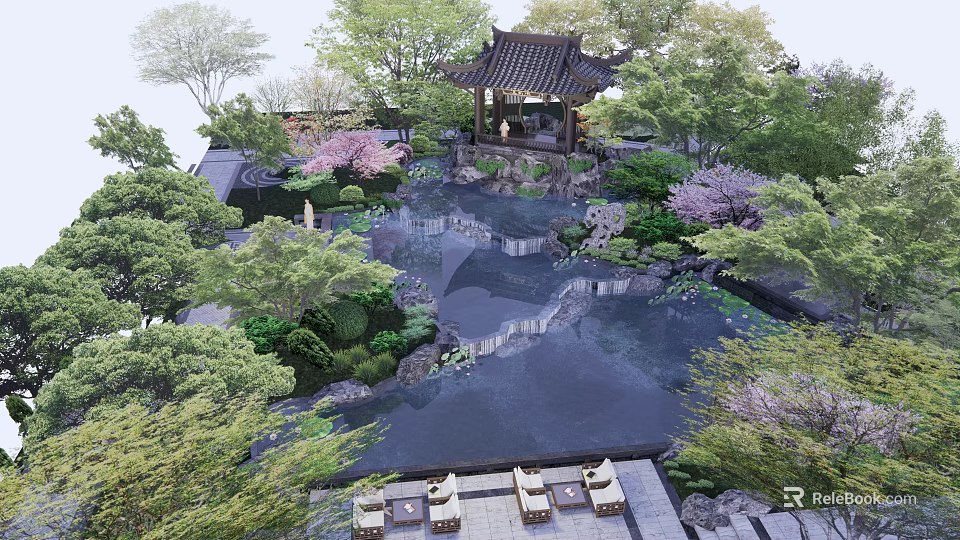 Chinese Garden Rockery Stones Surrounded by Pond Pavilion and Lush Green Trees 3d model 