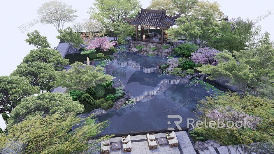 Chinese style garden landscape rockery pavilion stacked water courtyard model