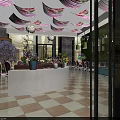 Tropical Restaurant Interior With Lush Green Plants Purple Tree And Wooden Decor