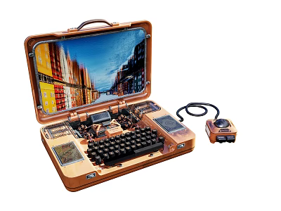 Vintage Suitcase Modified Custom Built Computer With Keyboard Screen And External Device 3d model