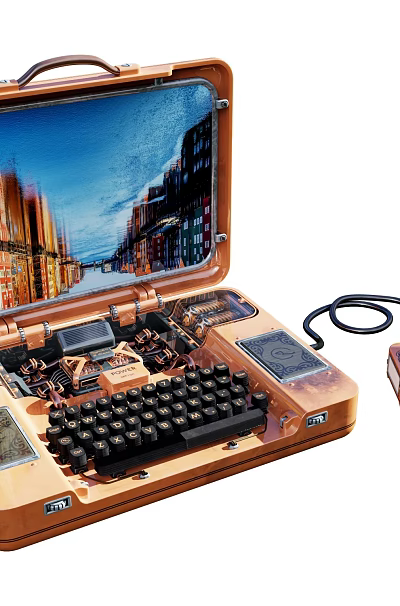 Vintage Suitcase Modified Custom Built Computer With Keyboard Screen And External Device 3d model