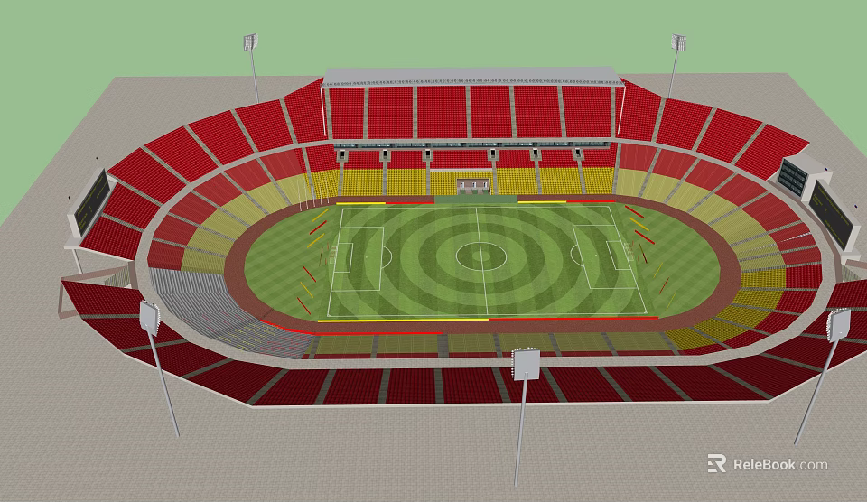 Modern Sports Stadium With Red Spectator Stands Green Football Pitch Running Track And Floodlight Poles 3d model 