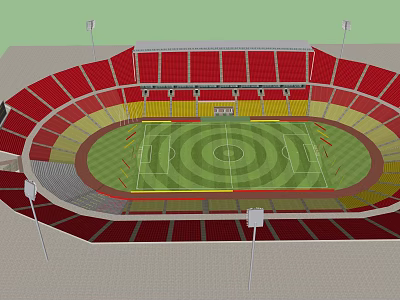 Modern Sports Stadium With Red Spectator Stands Green Football Pitch Running Track And Floodlight Poles 3d model