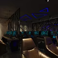 Modern Cyber Cafe Interior With Blue Lighting Black Metal Partition Computers Tables And Green Plants