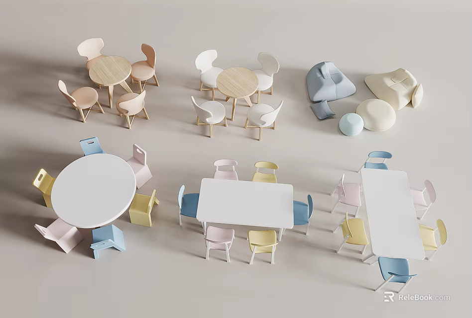 Kids Play Table and Chairs Set Multiple Colors Round Rectangular for Children Learning Play 3d model 