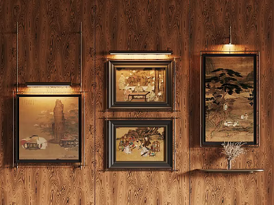 Artistic Wooden Wall Display With Framed Paintings Hanging Lamps And Small Shelf Plant 3d model