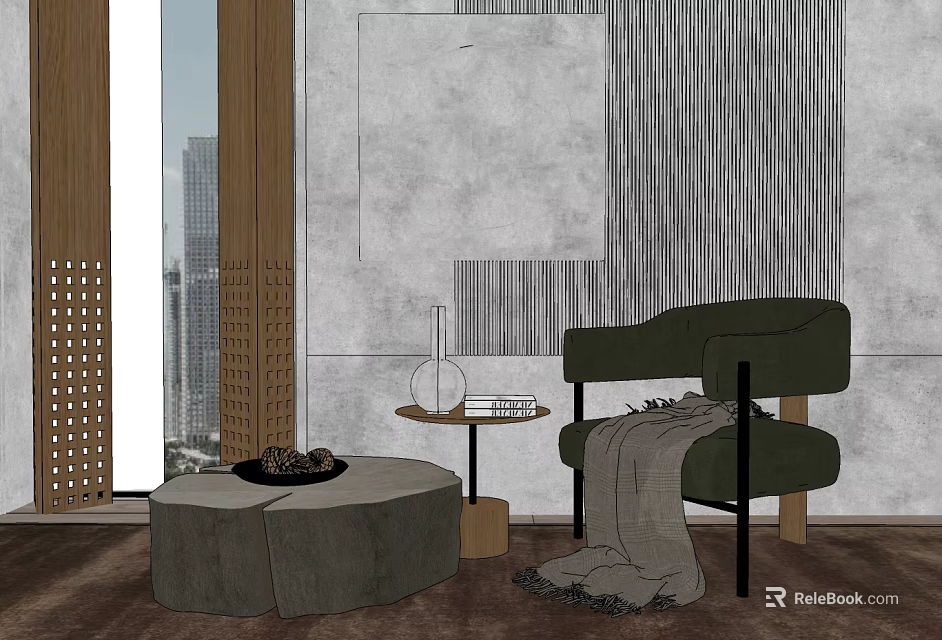 Green Accent Chair With Blanket And Side Table In Modern Living Room Interior 3d model 