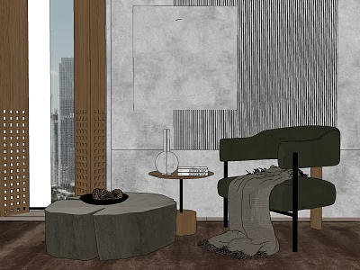 Green Accent Chair With Blanket And Side Table In Modern Living Room Interior 3d model