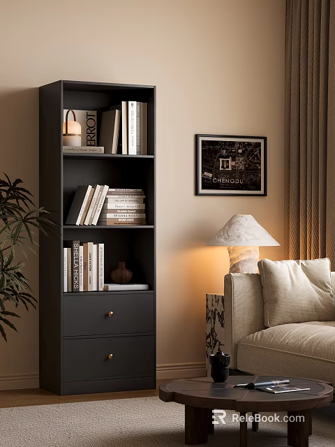 Modern Black Bookcase With Stacked Books Framed Art Table Lamp Near Sofa And Plant 3d model 