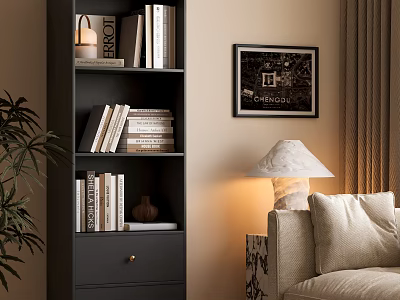 Modern Black Bookcase With Stacked Books Framed Art Table Lamp Near Sofa And Plant 3d model