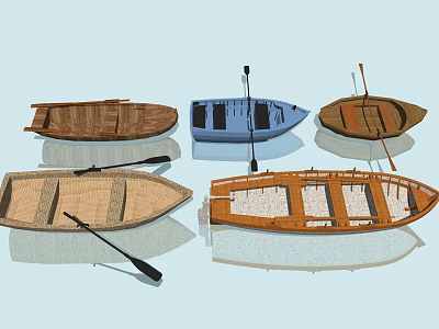 Various Wooden Boats With Different Styles And Paddles On Light Background 3d model