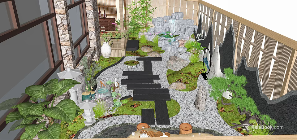 Karesansui Dry Landscape Garden with Zen Stones Gravel Pathway and Mossy Plants 3d model 