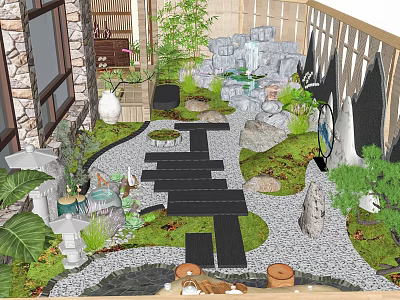 Karesansui Dry Landscape Garden with Zen Stones Gravel Pathway and Mossy Plants 3d model