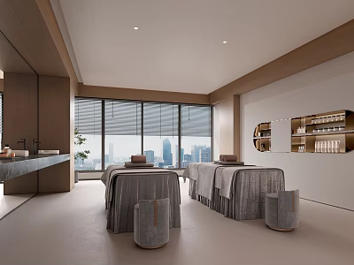 Modern SPA Sauna Interior With Massage Beds Grey Sheets Large Windows City View And Shelves 3d model