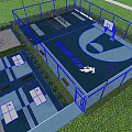 Outdoor Basketball Court Design With Blue Floor Surrounding Trees Fencing And Benches