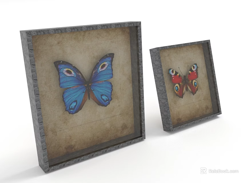 Two Vintage Framed Butterfly Artworks With Blue And Red Designs On Beige Background 3d model 