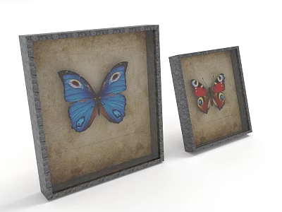 Two Vintage Framed Butterfly Artworks With Blue And Red Designs On Beige Background 3d model