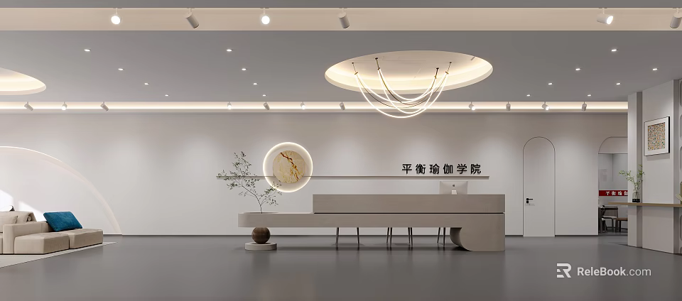 Minimalist Yoga Academy Reception With Circular Decor Plant And Ceiling Light 3d model 