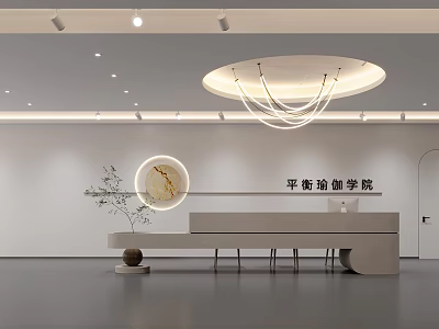 Minimalist Yoga Academy Reception With Circular Decor Plant And Ceiling Light 3d model