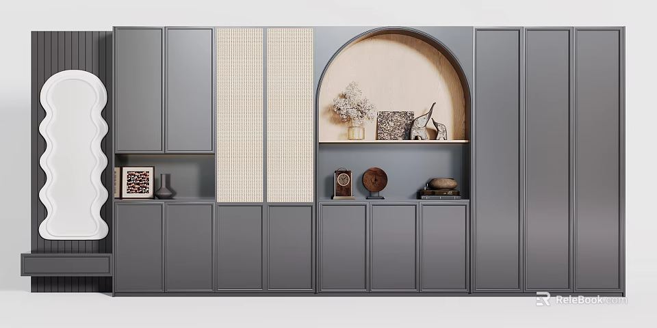 Modern Gray Shoe Cabinet With Multiple Doors And Arch Shaped Open Shelf Decorative Items 3d model 