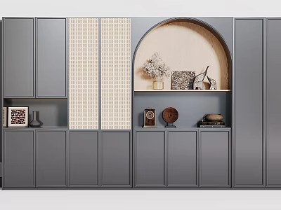 Modern Gray Shoe Cabinet With Multiple Doors And Arch Shaped Open Shelf Decorative Items 3d model
