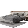 Modern Double Bed With Wooden Headboard Gray Pillows Checkered Quilt Nightstands Lamp Rug Pendant Light