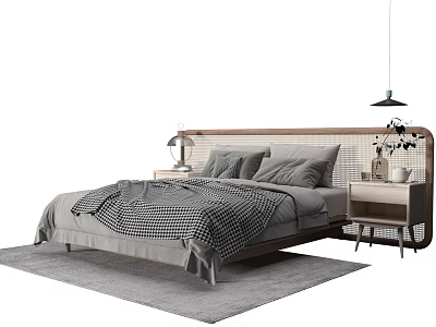 Modern Double Bed With Wooden Headboard Gray Pillows Checkered Quilt Nightstands Lamp Rug Pendant Light 3d model